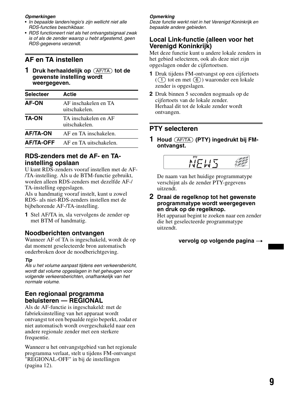 Af en ta instellen, Pty selecteren, Af en ta instellen pty selecteren | Sony CDX-GT252MP User Manual | Page 79 / 92
