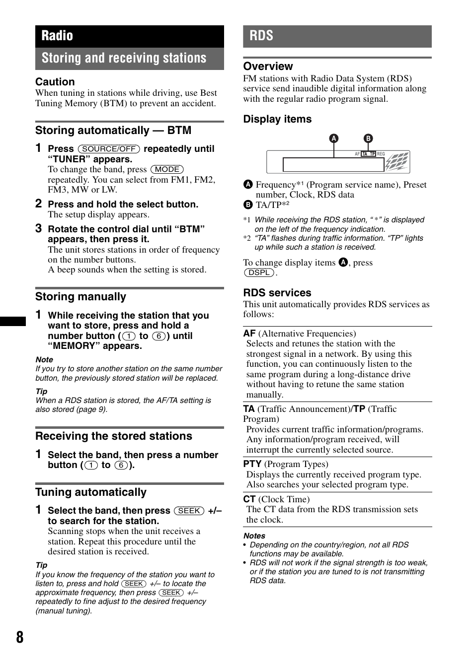 Radio, Storing and receiving stations, Storing automatically - btm | Storing manually, Receiving the stored stations, Tuning automatically, Overview, Radio storing and receiving stations | Sony CDX-GT252MP User Manual | Page 8 / 92