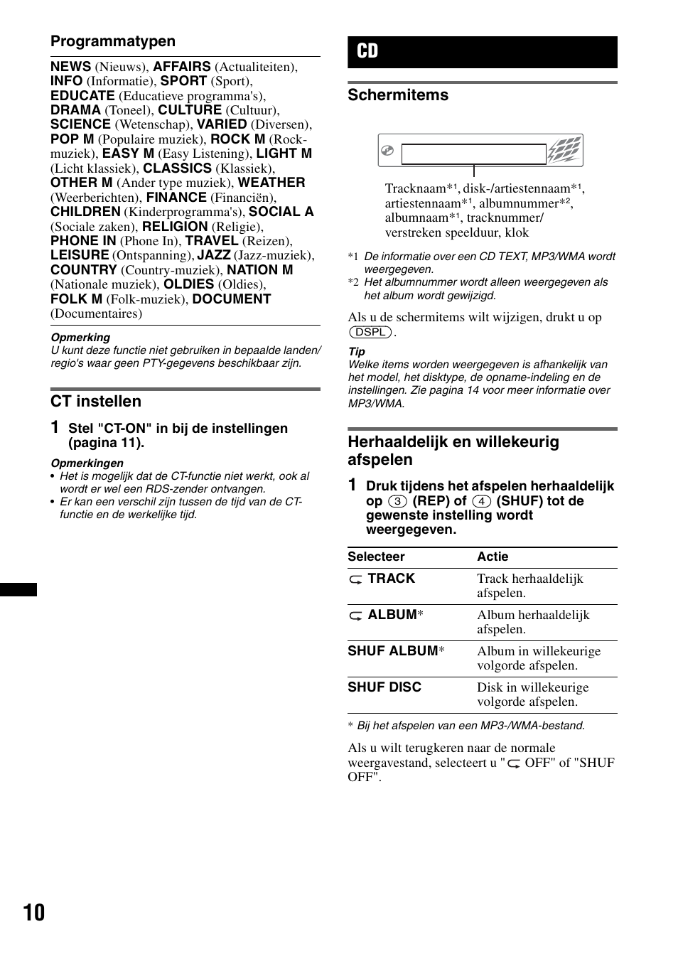 Ct instellen, Schermitems, Herhaaldelijk en willekeurig afspelen | Schermitems herhaaldelijk en willekeurig afspelen | Sony CDX-GT252MP User Manual | Page 80 / 92
