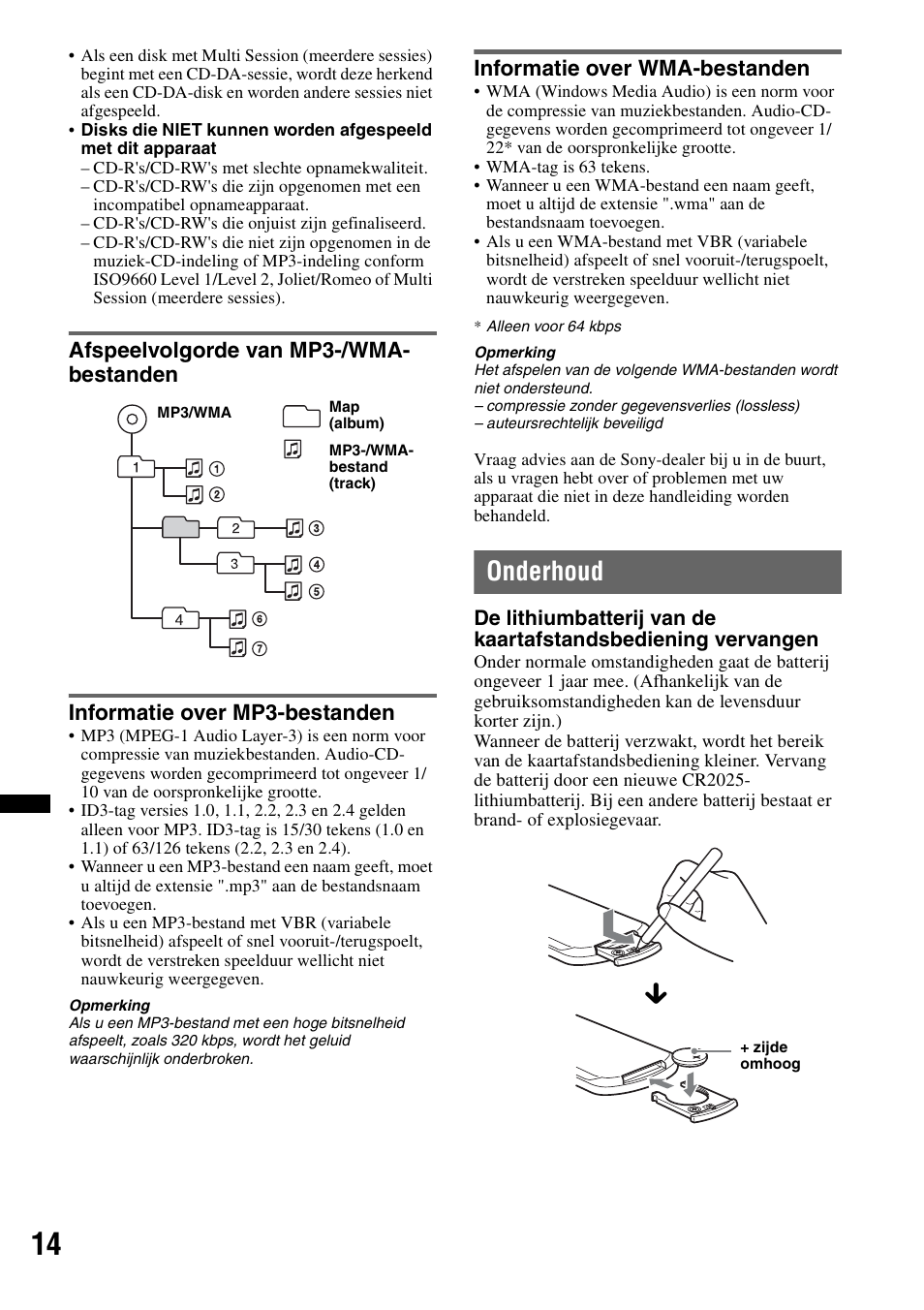 Afspeelvolgorde van mp3-/wma- bestanden, Informatie over mp3-bestanden, Informatie over wma-bestanden | Onderhoud | Sony CDX-GT252MP User Manual | Page 84 / 92