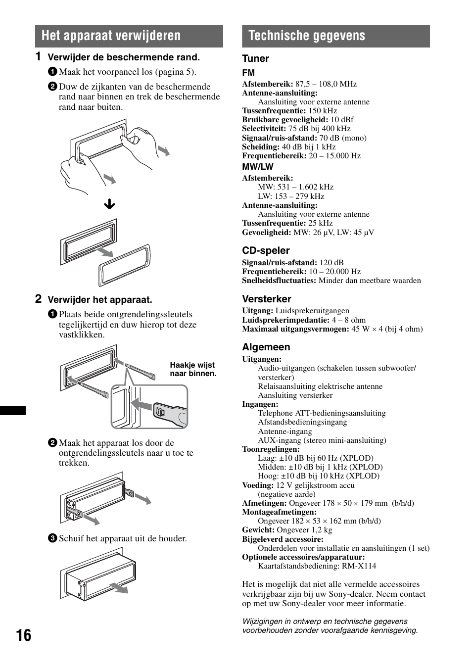 Het apparaat verwijderen, Technische gegevens, Het apparaat verwijderen technische gegevens | Sony CDX-GT252MP User Manual | Page 86 / 92