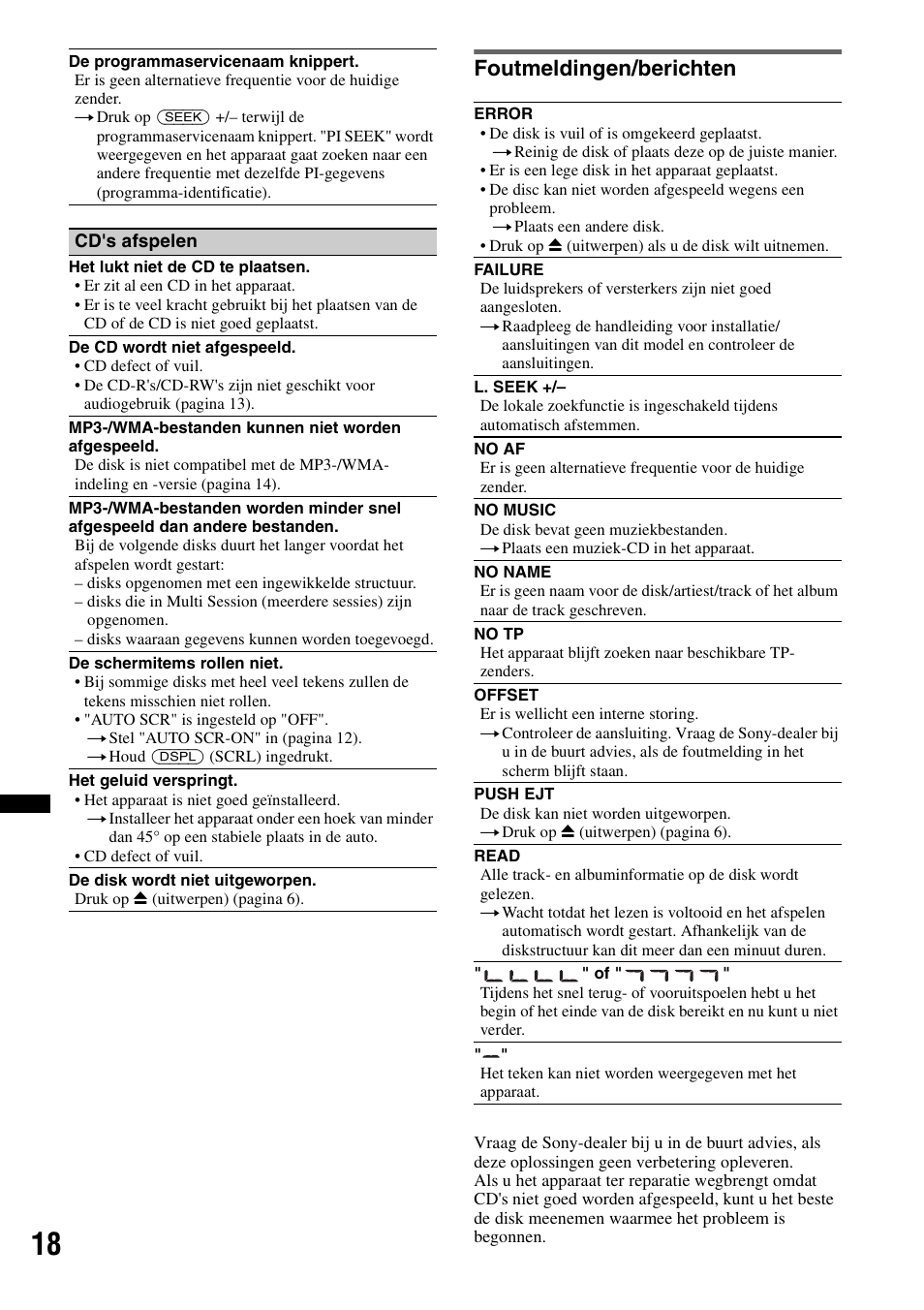 Foutmeldingen/berichten | Sony CDX-GT252MP User Manual | Page 88 / 92