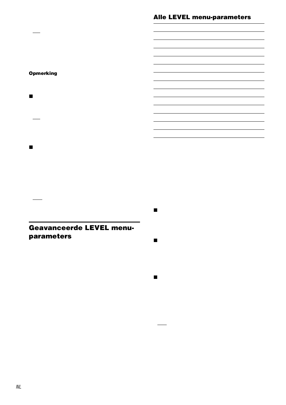 Geavanceerde level menu- parameters, Alle level menu-parameters | Sony STR-DA3000ES User Manual | Page 116 / 208