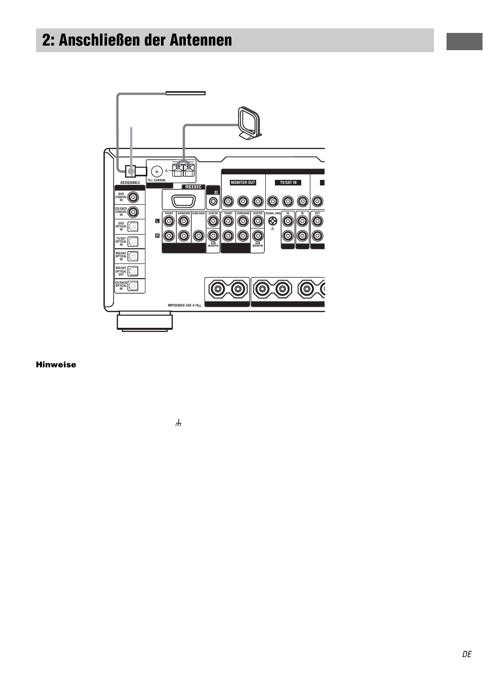 Anschließen der antennen, Anschließen der antennen“ (seite 15), Hinweise | Sony STR-DA3000ES User Manual | Page 15 / 208