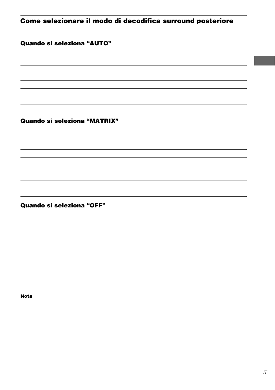 Asc o lto del sono ro s u rr ou nd, Quando si seleziona “auto, Quando si seleziona “matrix | Quando si seleziona “off | Sony STR-DA3000ES User Manual | Page 175 / 208