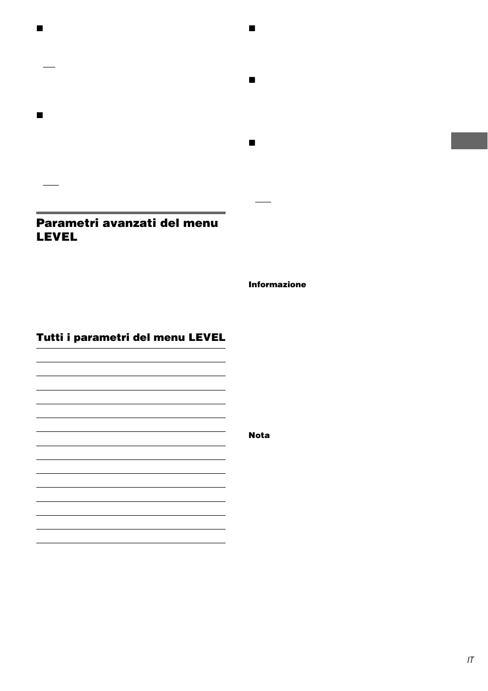 Parametri avanzati del menu level, Rego laz ioni e im pos taz ioni a v an zate, Tutti i parametri del menu level | Sony STR-DA3000ES User Manual | Page 185 / 208