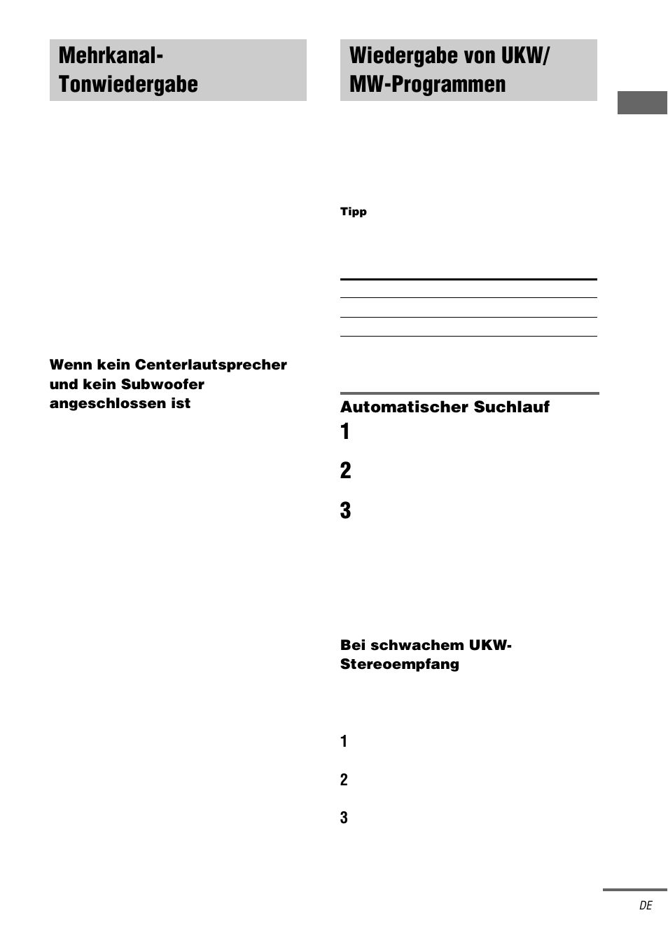 Mehrkanal- tonwiedergabe, Multi ch in, Wiedergabe von ukw/ mw-programmen | Mehrkanal-tonwiedergabe, Wiedergabe von, Ukw/mw-programmen | Sony STR-DA3000ES User Manual | Page 25 / 208