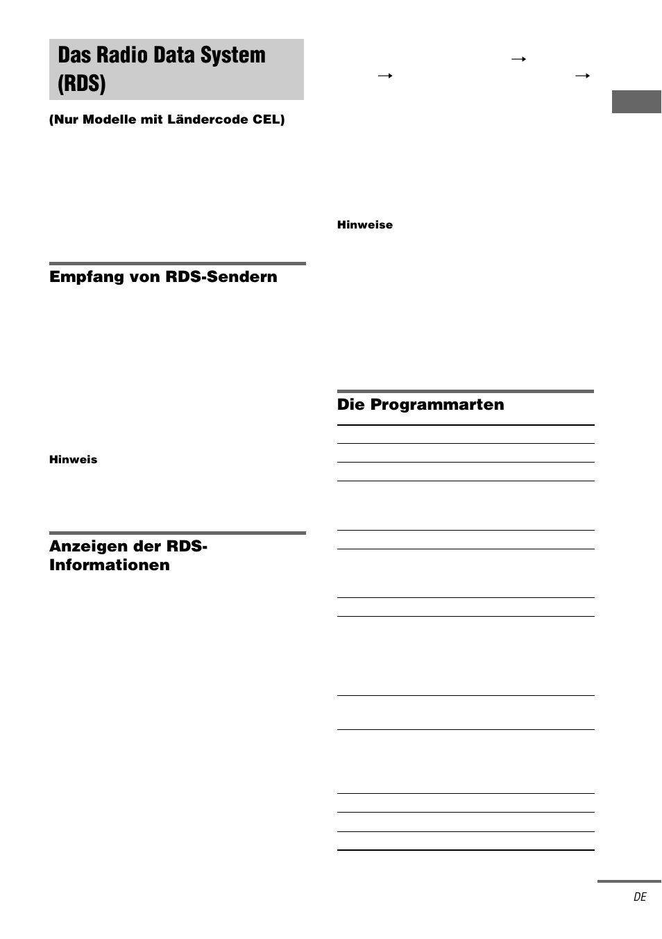 Das radio data system (rds), Nur modelle mit ländercode cel), Siehe seite 29 | Empfang von rds-sendern, Anzeigen der rds- informationen, Die programmarten | Sony STR-DA3000ES User Manual | Page 29 / 208