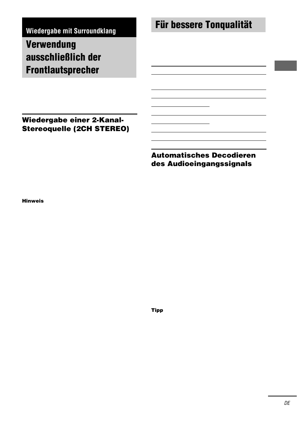 Wiedergabe mit surroundklang, Verwendung ausschließlich der frontlautsprecher, Für bessere tonqualität | Auto format direct, Verwendung ausschließlich der, Frontlautsprecher | Sony STR-DA3000ES User Manual | Page 33 / 208