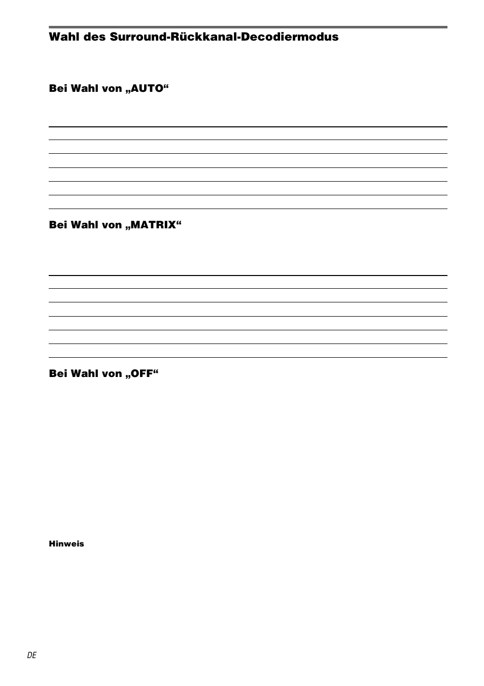 Wahl des surround-rückkanal-decodiermodus, Bei wahl von „auto, Bei wahl von „matrix | Bei wahl von „off | Sony STR-DA3000ES User Manual | Page 38 / 208
