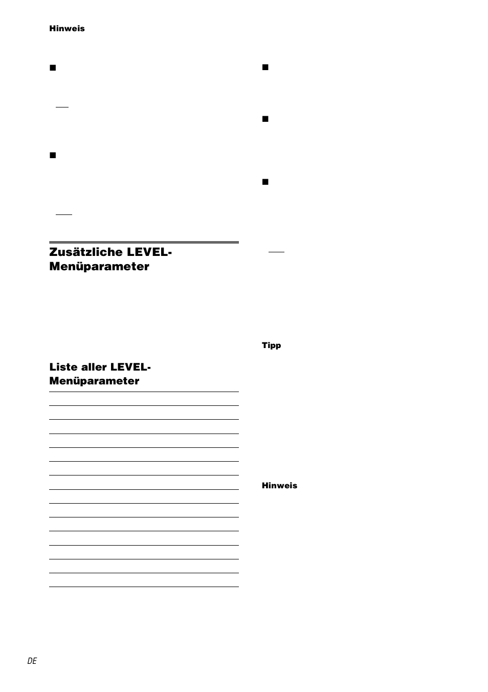 Seite 48), Zusätzliche level- menüparameter, Liste aller level- menüparameter | Sony STR-DA3000ES User Manual | Page 48 / 208
