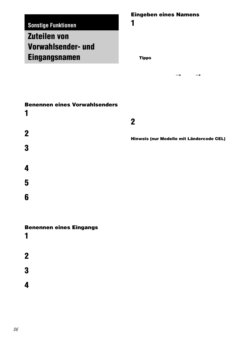 Sonstige funktionen, Zuteilen von vorwahlsender- und eingangsnamen, Zuteilen von vorwahlsender- und | Eingangsnamen | Sony STR-DA3000ES User Manual | Page 52 / 208