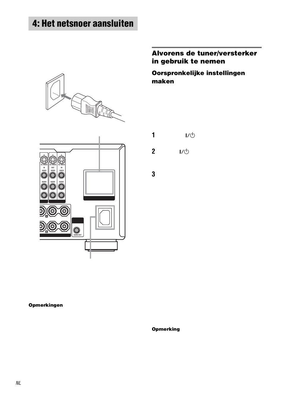 Het netsnoer aansluiten, Alvorens de tuner/versterker in gebruik te nemen, Oorspronkelijke instellingen maken | Ac outlet | Sony STR-DA3000ES User Manual | Page 86 / 208