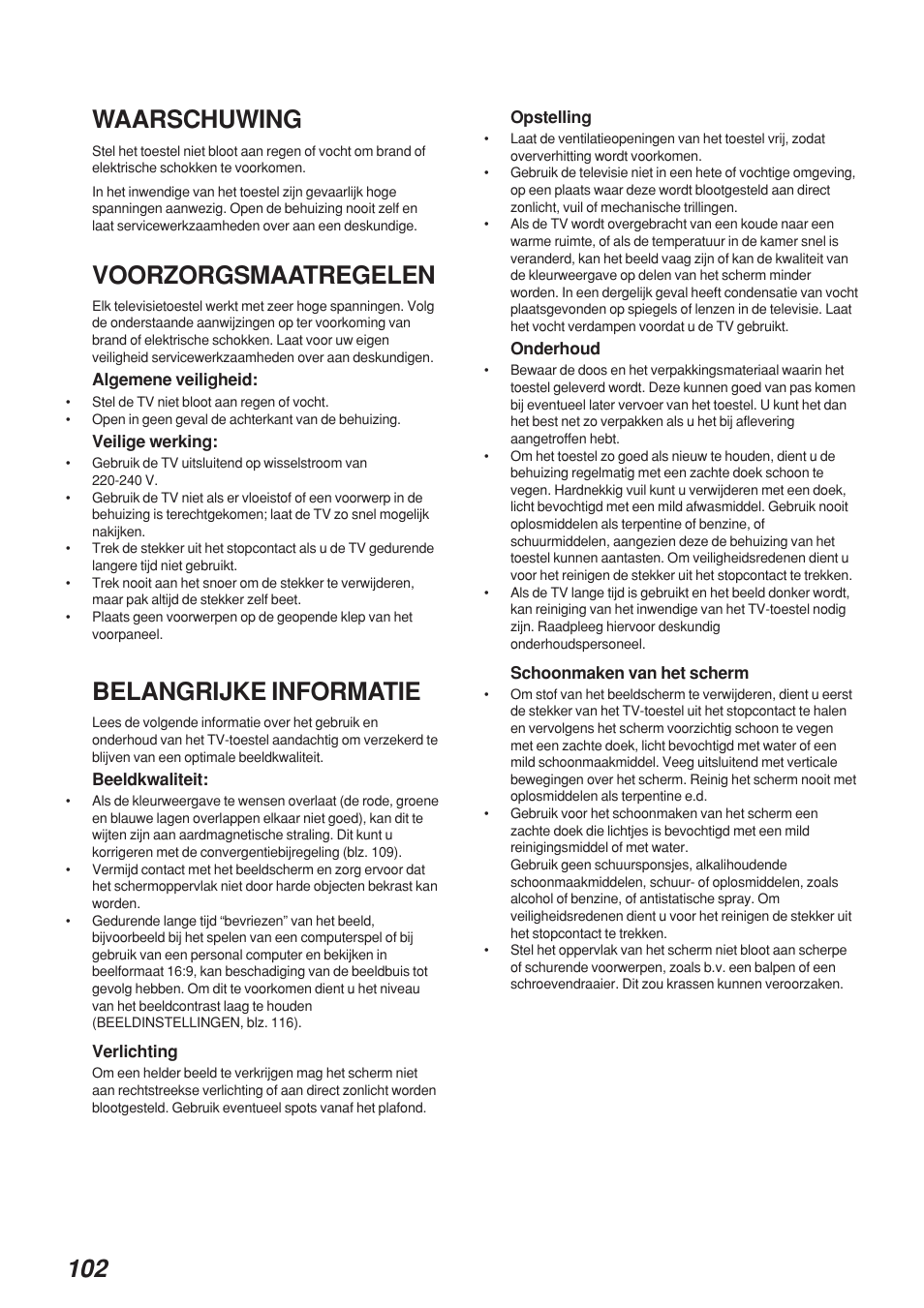 Waarschuwing, Voorzorgsmaatregelen, Belangrijke informatie | Sony KP-41S4 User Manual | Page 101 / 149