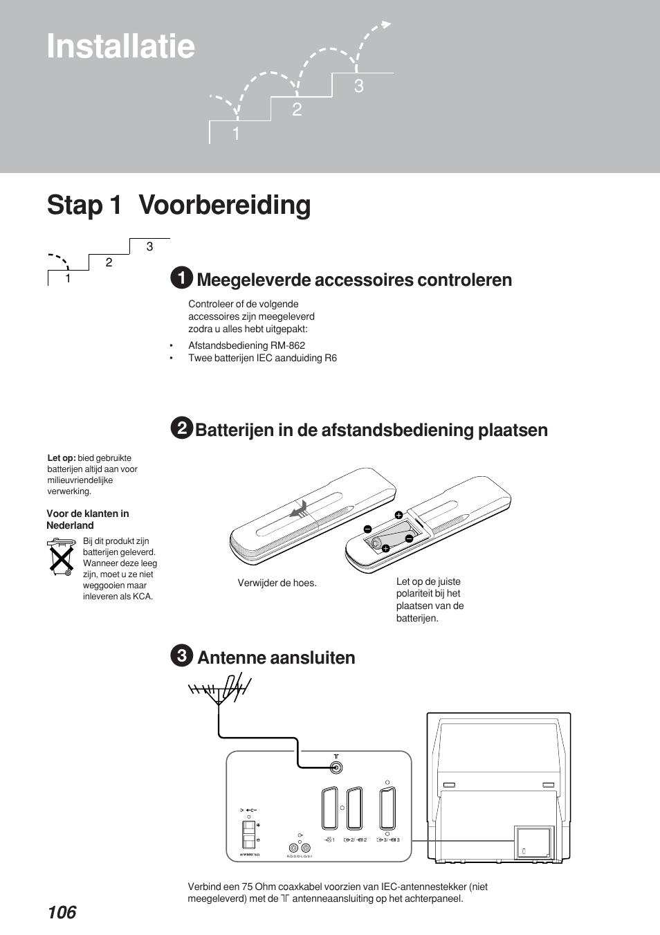 Installatie, Stap 1 voorbereiding, Meegeleverde accessoires controleren | Batterijen in de afstandsbediening plaatsen, Antenne aansluiten | Sony KP-41S4 User Manual | Page 105 / 149