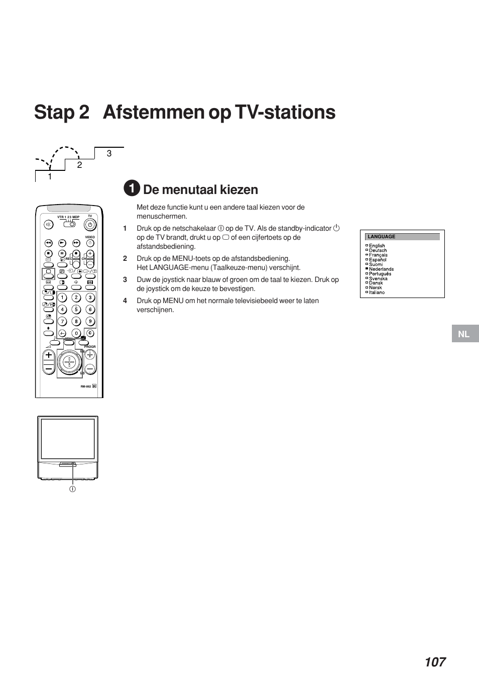 Stap 2 afstemmen op tv-stations, De menutaal kiezen | Sony KP-41S4 User Manual | Page 106 / 149