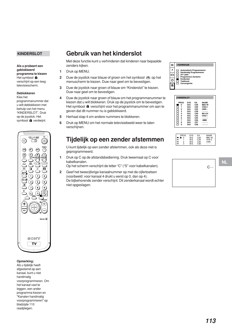 Gebruik van het kinderslot, Tijdelijk op een zender afstemmen, Kinderslot | Sony KP-41S4 User Manual | Page 112 / 149