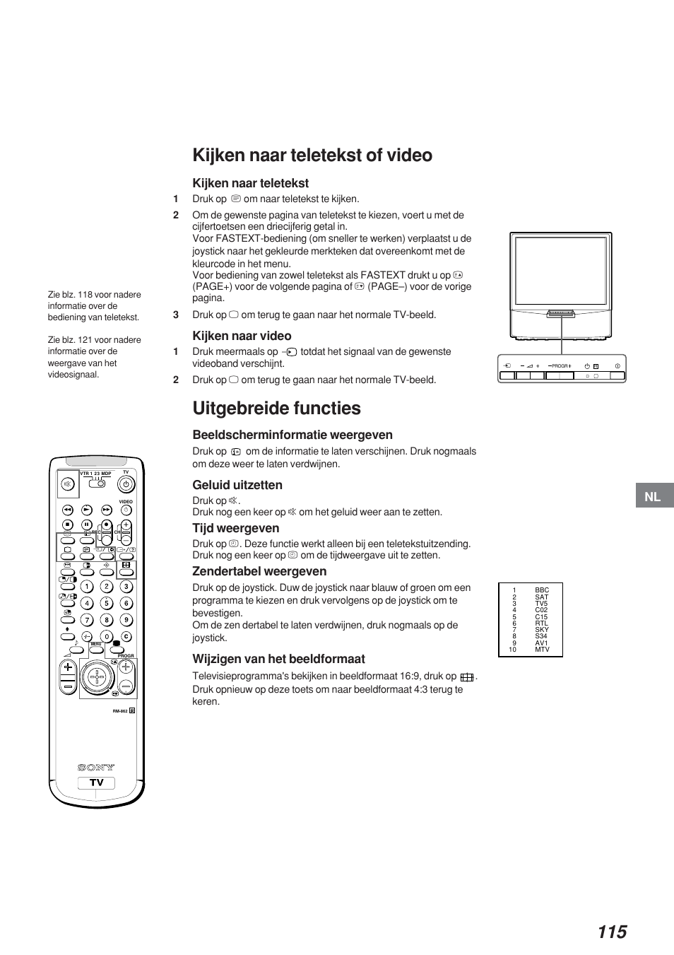 Kijken naar teletekst of video, Uitgebreide functies, Kijken naar teletekst | Kijken naar video, Beeldscherminformatie weergeven, Geluid uitzetten, Tijd weergeven, Zendertabel weergeven, Wijzigen van het beeldformaat | Sony KP-41S4 User Manual | Page 114 / 149