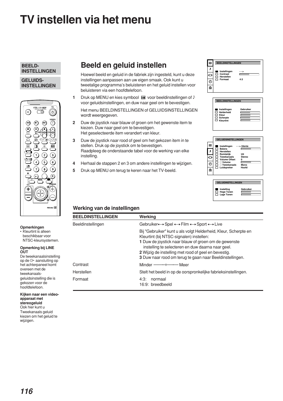 Tv instellen via het menu, Beeld en geluid instellen, Werking van de instellingen | Geluids- instellingen beeld- instellingen | Sony KP-41S4 User Manual | Page 115 / 149