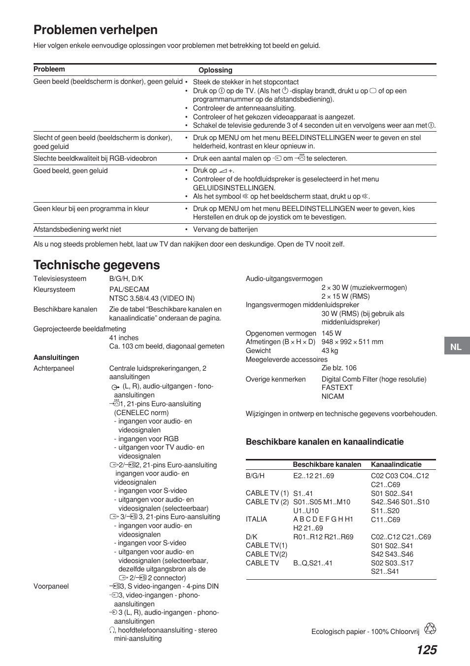 Problemen verhelpen, Technische gegevens | Sony KP-41S4 User Manual | Page 124 / 149