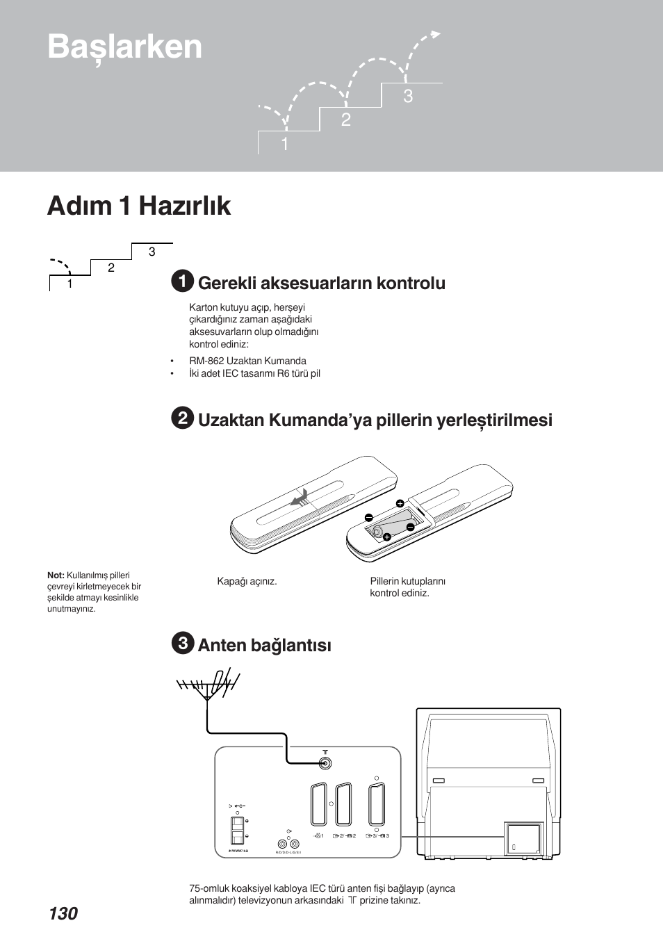 Baxlarken, Adwm 1 hazwrlwk, Gerekli aksesuarlarwn kontrolu | Uzaktan kumanda’ya pillerin yerlextirilmesi, Anten baqlantwsw | Sony KP-41S4 User Manual | Page 129 / 149