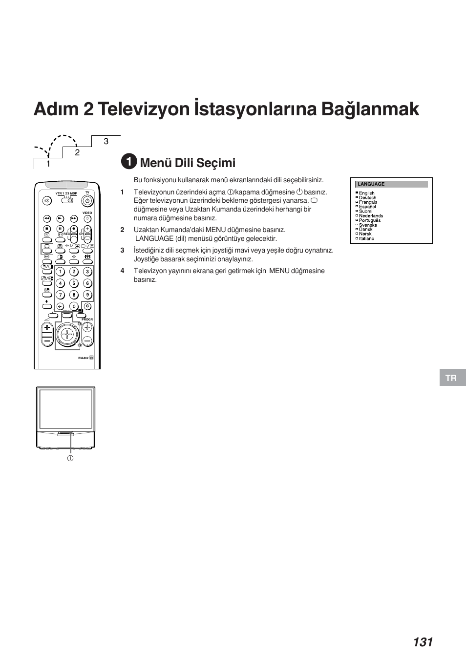 Adwm 2 televizyon wstasyonlarwna baqlanmak, Menü dili seçimi | Sony KP-41S4 User Manual | Page 130 / 149