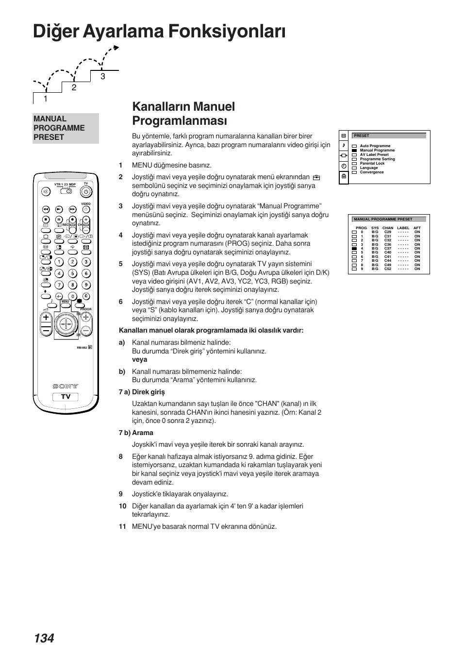 Diqer ayarlama fonksiyonlarw, Kanallarwn manuel programlanmasw, Manual programme preset | Sony KP-41S4 User Manual | Page 133 / 149