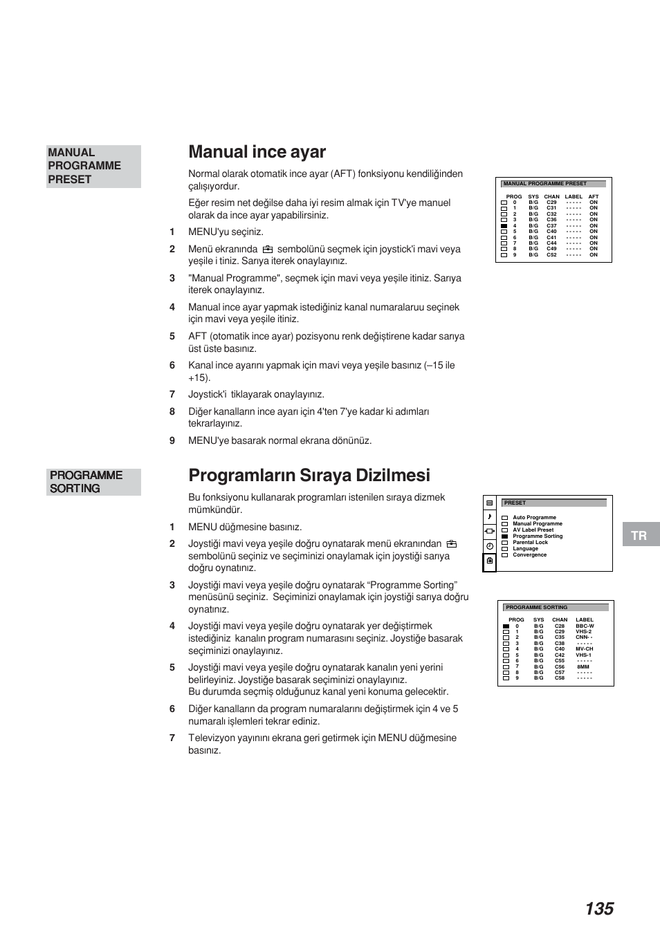 Manual ince ayar, Programlarwn swraya dizilmesi | Sony KP-41S4 User Manual | Page 134 / 149