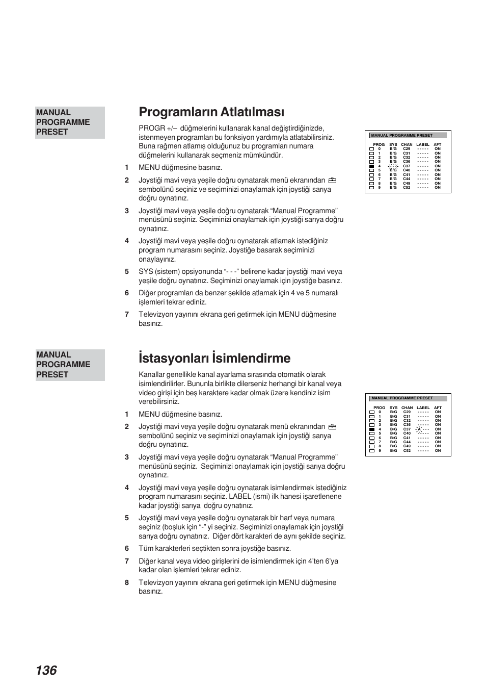 136 programlarwn atlatwlmasw, Wstasyonlarw wsimlendirme, Manual programme preset | Sony KP-41S4 User Manual | Page 135 / 149