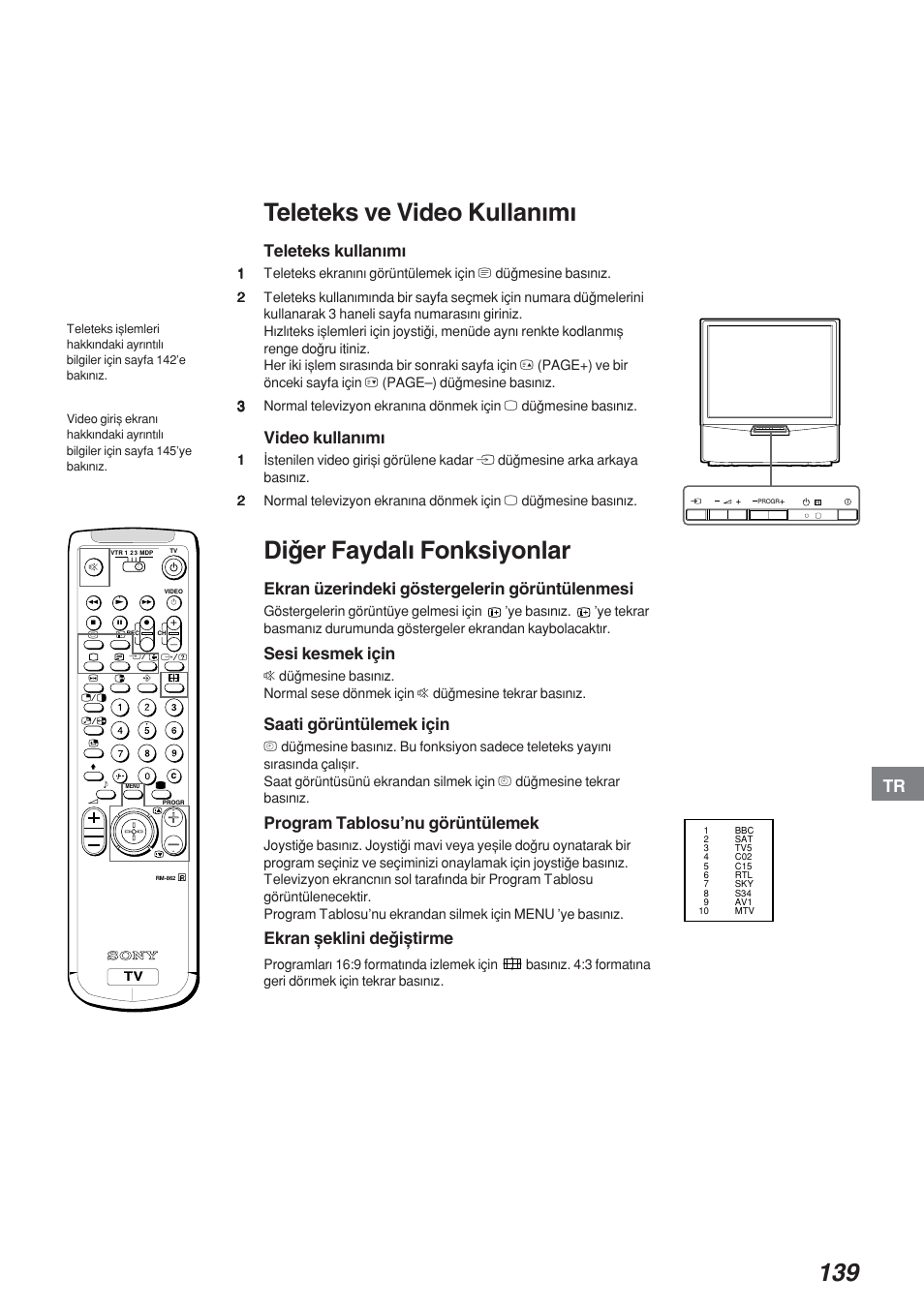 Teleteks ve video kullanwmw, Diqer faydalw fonksiyonlar, Teleteks kullanwmw | Video kullanwmw, Ekran üzerindeki göstergelerin görüntülenmesi, Sesi kesmek için, Saati görüntülemek için, Program tablosu’nu görüntülemek, Ekran xeklini deqixtirme | Sony KP-41S4 User Manual | Page 138 / 149