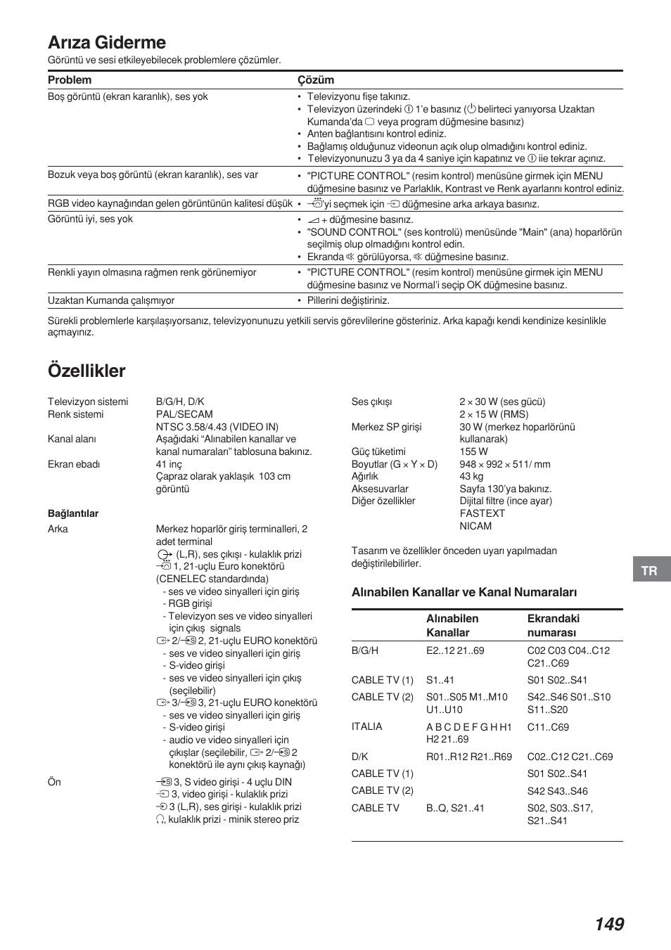 Arwza giderme, Özellikler | Sony KP-41S4 User Manual | Page 148 / 149