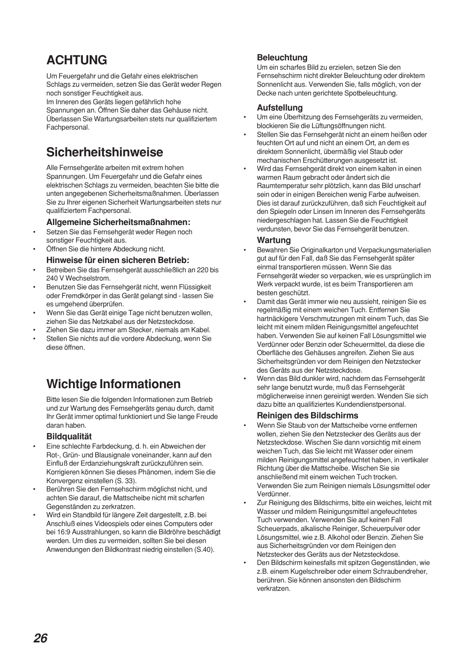 Achtung, Sicherheitshinweise, Wichtige informationen | Sony KP-41S4 User Manual | Page 26 / 149