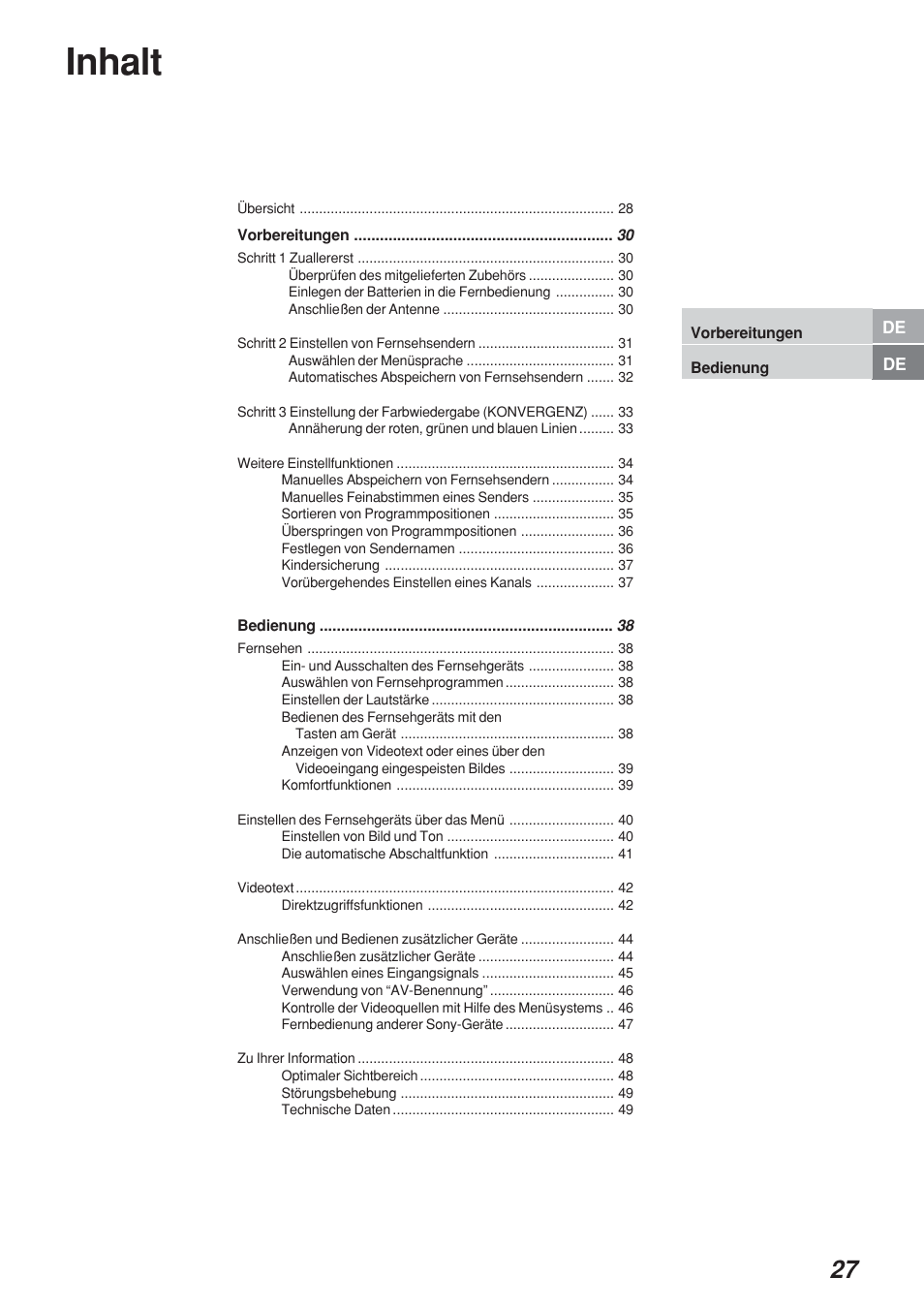 Inhalt | Sony KP-41S4 User Manual | Page 27 / 149