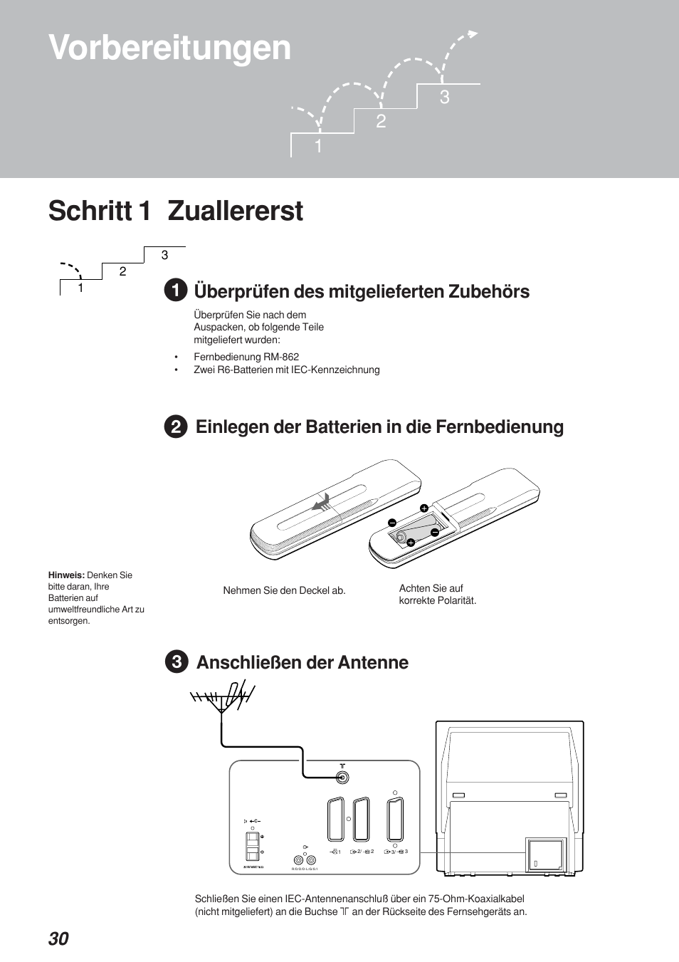 Vorbereitungen, Schritt 1 zuallererst, Überprüfen des mitgelieferten zubehörs | Einlegen der batterien in die fernbedienung, Anschließen der antenne | Sony KP-41S4 User Manual | Page 30 / 149