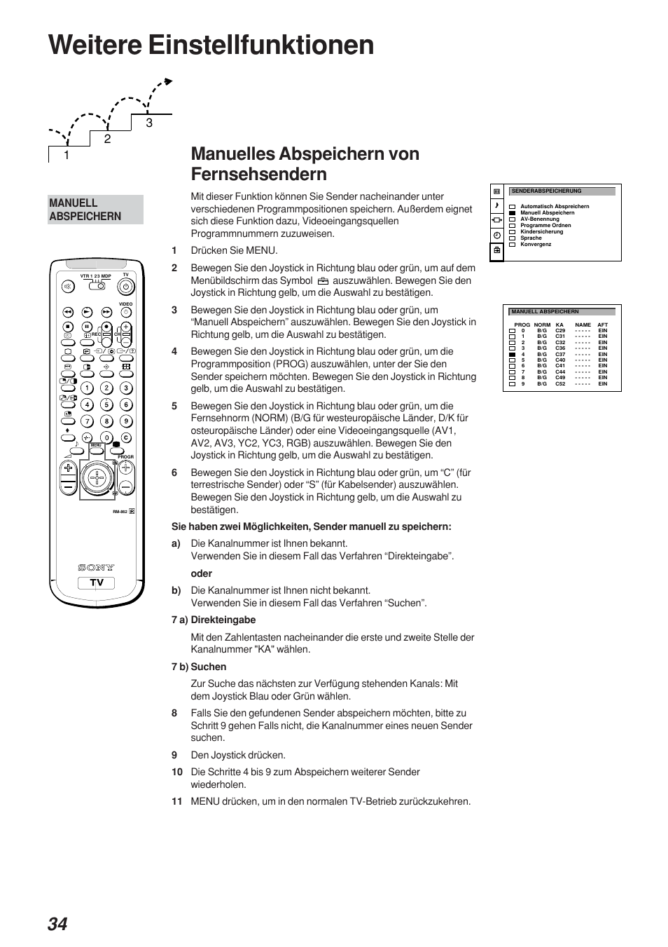 Weitere einstellfunktionen, Manuelles abspeichern von fernsehsendern, Manuell abspeichern | Sony KP-41S4 User Manual | Page 34 / 149