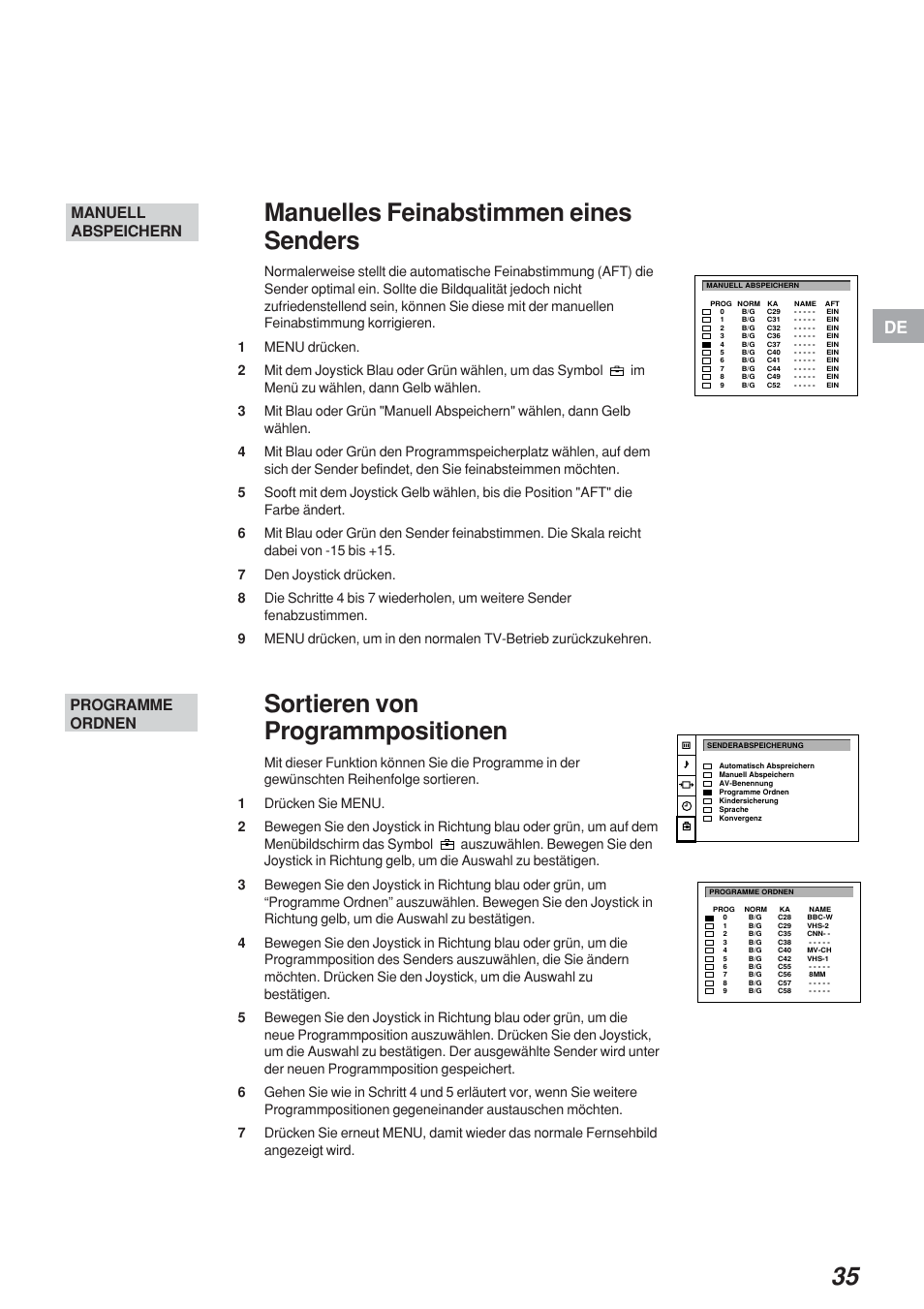 Manuelles feinabstimmen eines senders, Sortieren von programmpositionen, Manuell abspeichern | Programme ordnen | Sony KP-41S4 User Manual | Page 35 / 149