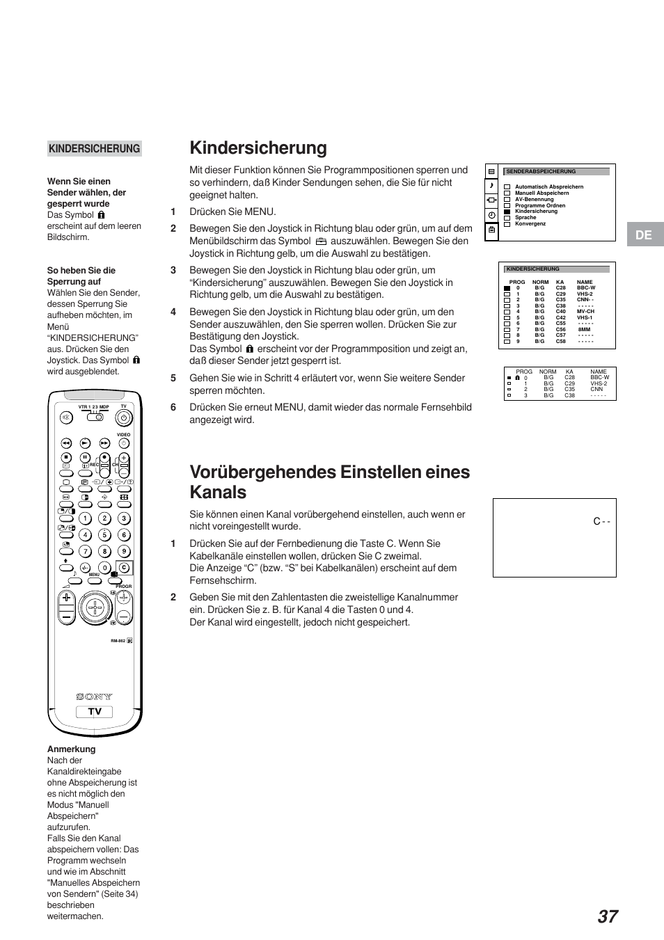 Kindersicherung, Vorübergehendes einstellen eines kanals | Sony KP-41S4 User Manual | Page 37 / 149