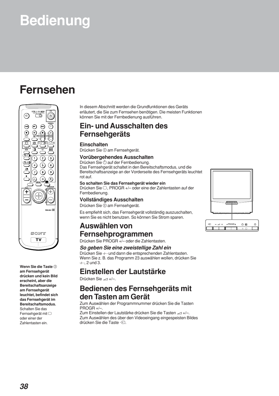 Bedienung, Fernsehen, Ein- und ausschalten des fernsehgeräts | Auswählen von fernsehprogrammen, Einstellen der lautstärke, Bedienen des fernsehgeräts mit den tasten am gerät, So geben sie eine zweistellige zahl ein, Einschalten, Vorübergehendes ausschalten, Vollständiges ausschalten | Sony KP-41S4 User Manual | Page 38 / 149