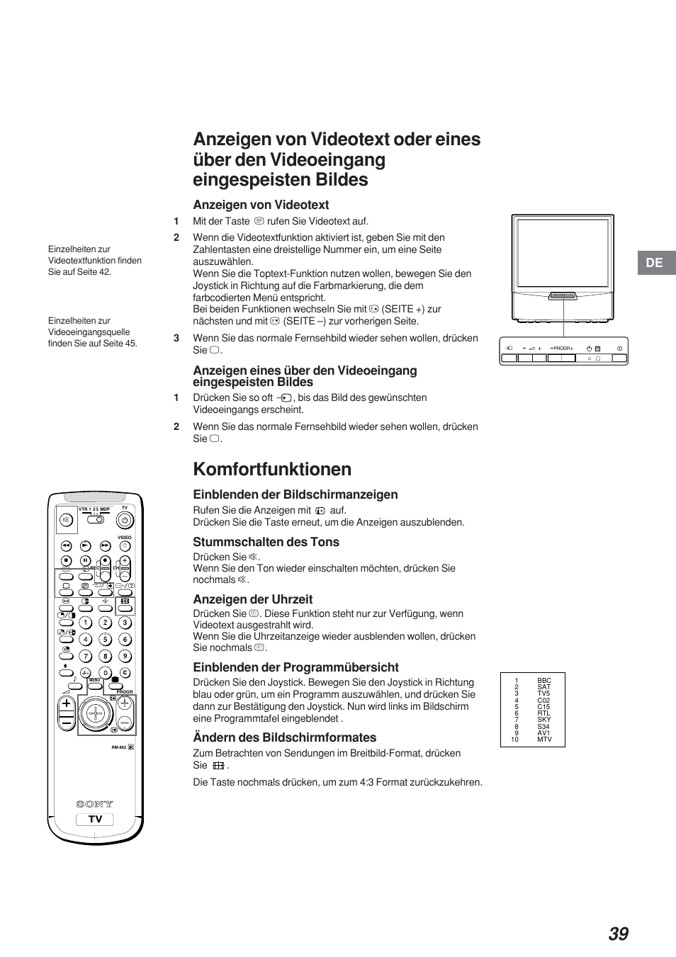 Komfortfunktionen, Anzeigen von videotext, Einblenden der bildschirmanzeigen | Stummschalten des tons, Anzeigen der uhrzeit, Einblenden der programmübersicht, Ändern des bildschirmformates | Sony KP-41S4 User Manual | Page 39 / 149