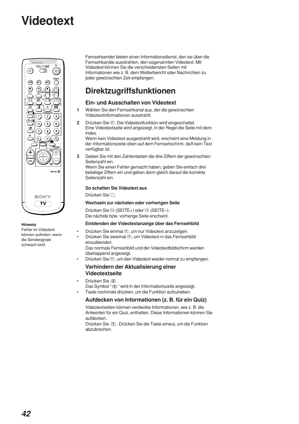 Videotext, Direktzugriffsfunktionen, Ein- und ausschalten von videotext | Verhindern der aktualisierung einer videotextseite, Aufdecken von informationen (z. b. für ein quiz) | Sony KP-41S4 User Manual | Page 42 / 149