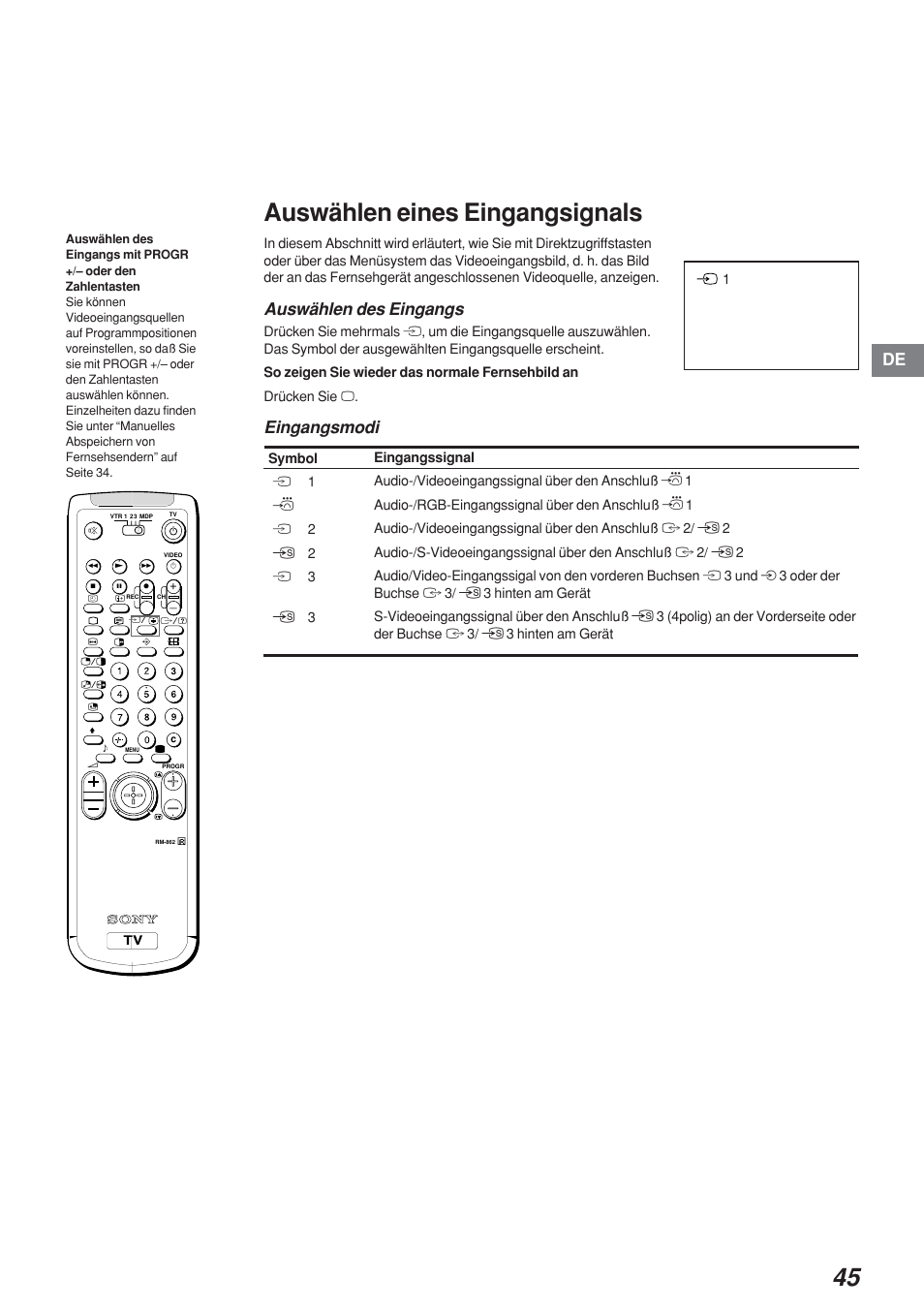 Auswählen eines eingangsignals, Auswählen des eingangs, Eingangsmodi | Sony KP-41S4 User Manual | Page 45 / 149