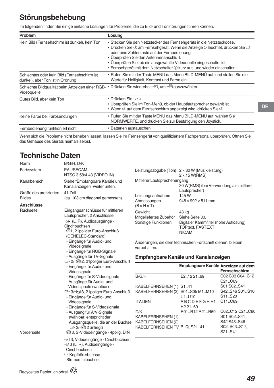 Störungsbehebung, Technische daten | Sony KP-41S4 User Manual | Page 49 / 149