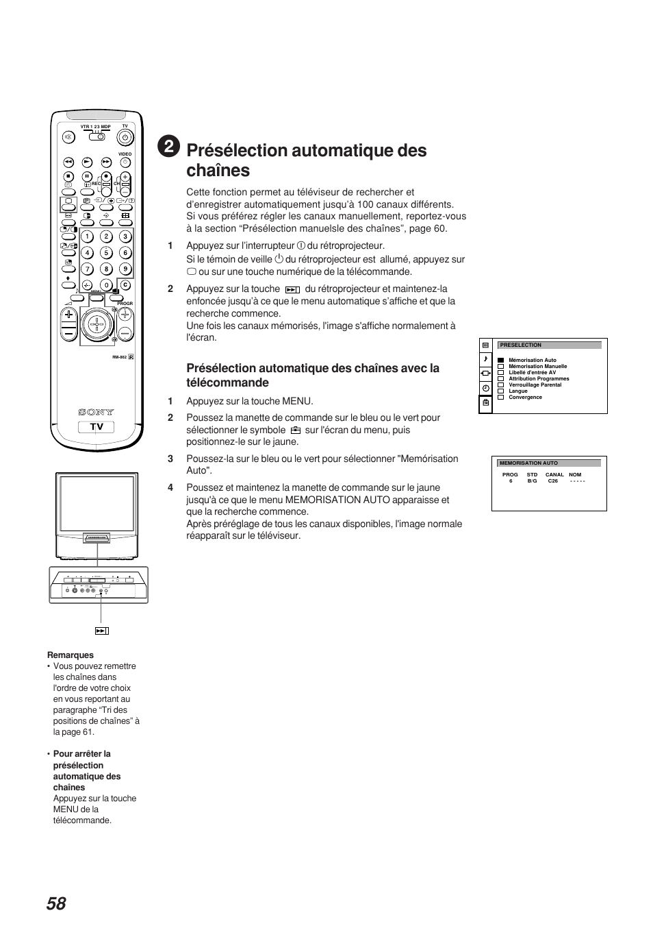 Présélection automatique des chaînes, 3mono l/g/s/i r/d/d/d | Sony KP-41S4 User Manual | Page 58 / 149