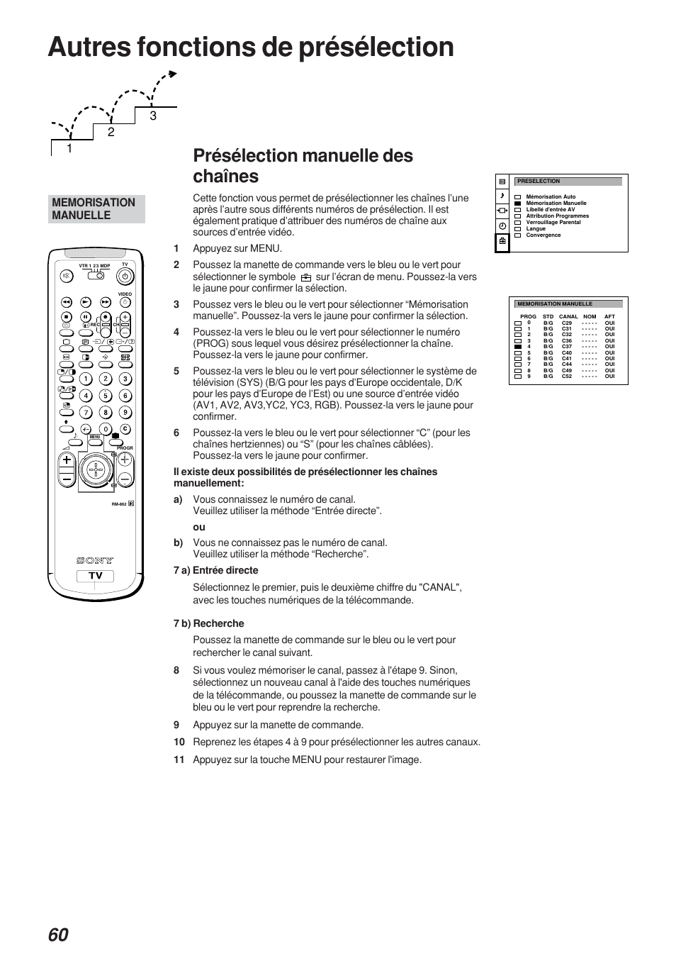 Autres fonctions de présélection, Présélection manuelle des chaînes | Sony KP-41S4 User Manual | Page 60 / 149
