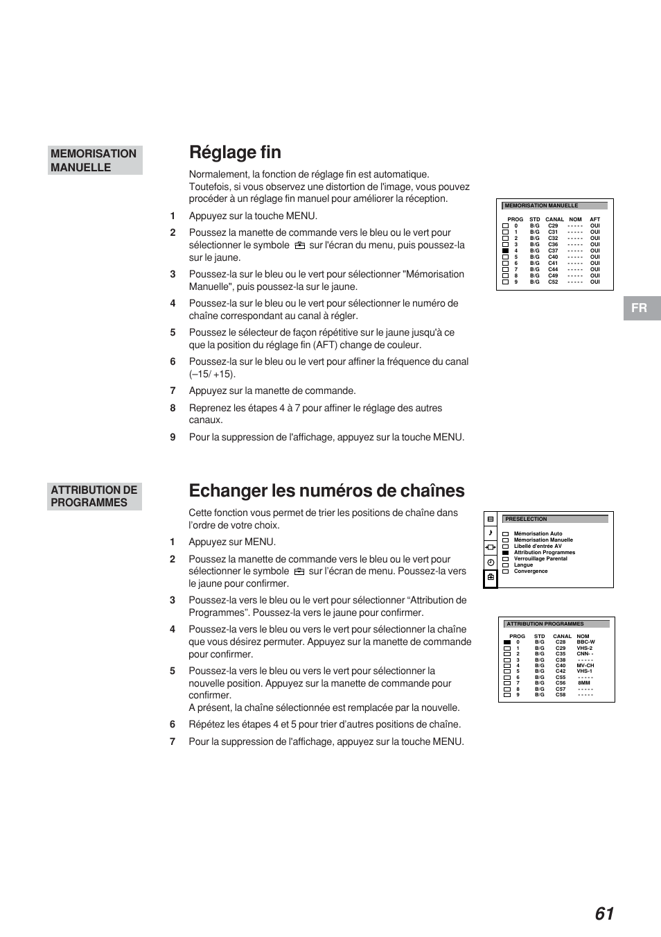 Echanger les numéros de chaînes, Réglage fin, Attribution de programmes | Sony KP-41S4 User Manual | Page 61 / 149