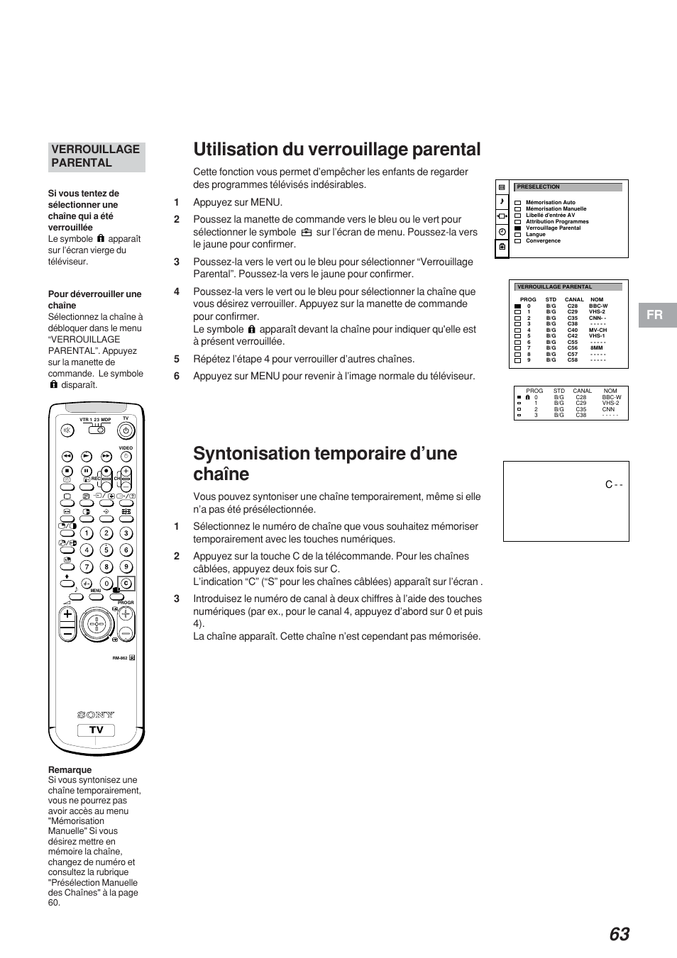 Utilisation du verrouillage parental, Syntonisation temporaire d’une chaîne, Verrouillage parental | Sony KP-41S4 User Manual | Page 63 / 149