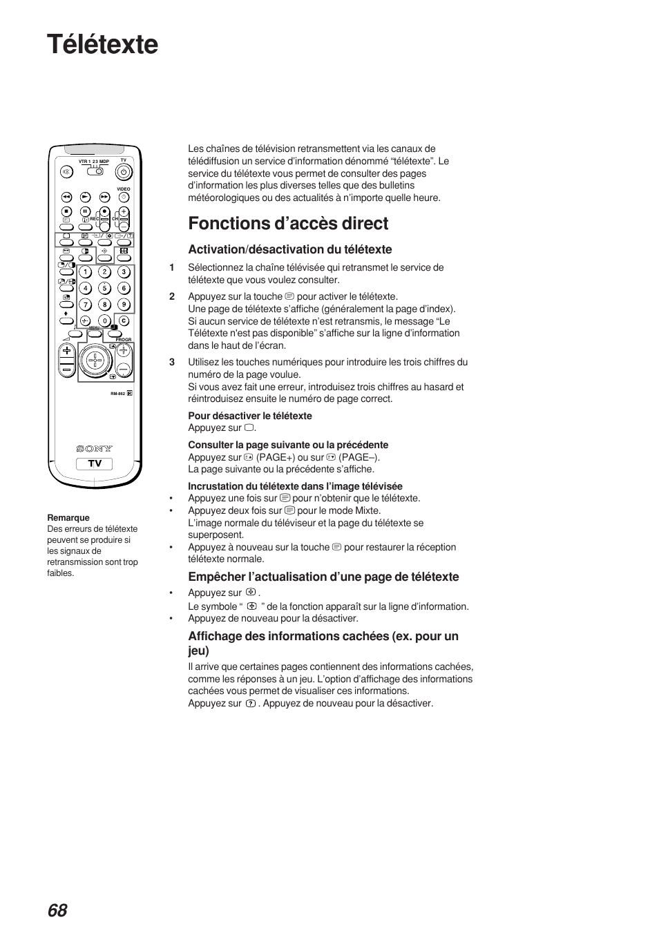 Télétexte, Fonctions d’accès direct, Activation/désactivation du télétexte | Empêcher l’actualisation d’une page de télétexte | Sony KP-41S4 User Manual | Page 68 / 149