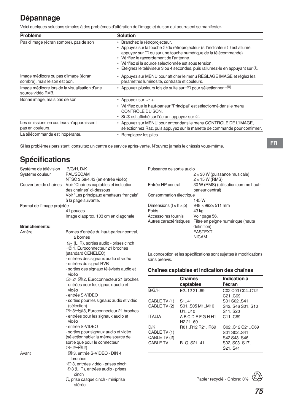 Dépannage, Spécifications | Sony KP-41S4 User Manual | Page 75 / 149