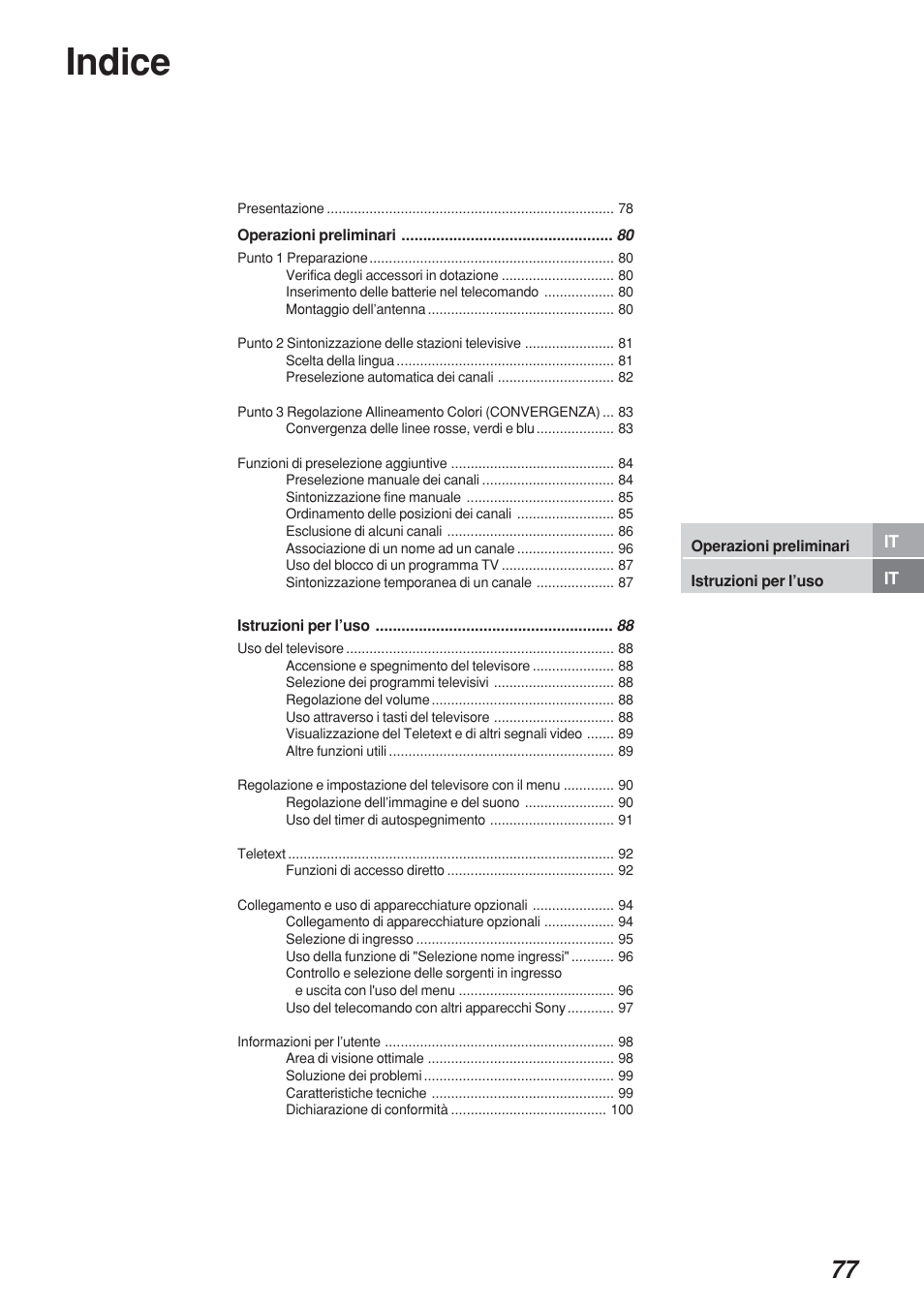 Indice | Sony KP-41S4 User Manual | Page 77 / 149