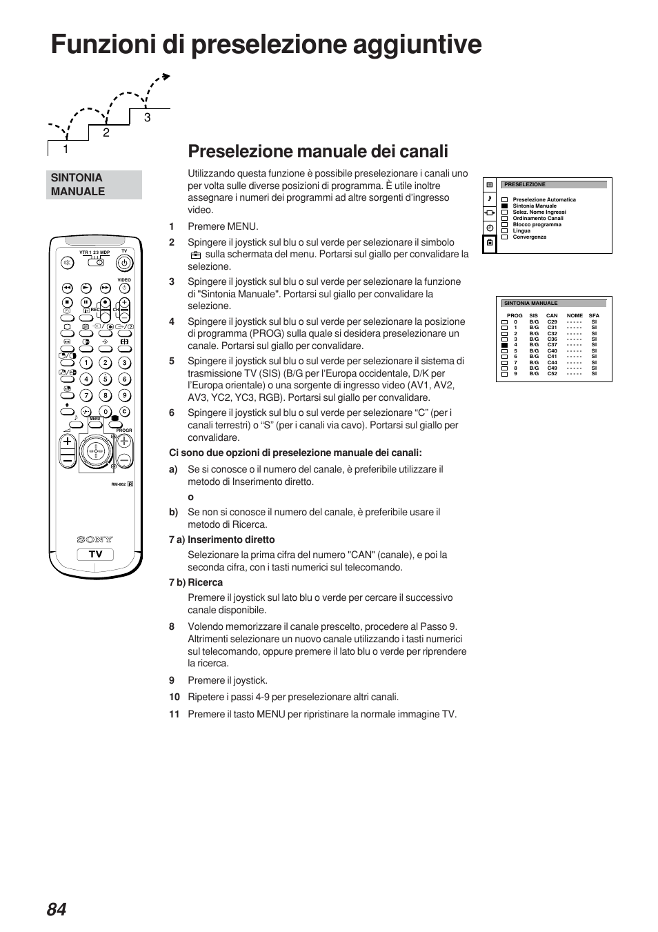 Funzioni di preselezione aggiuntive, Preselezione manuale dei canali, Sintonia manuale | Sony KP-41S4 User Manual | Page 84 / 149